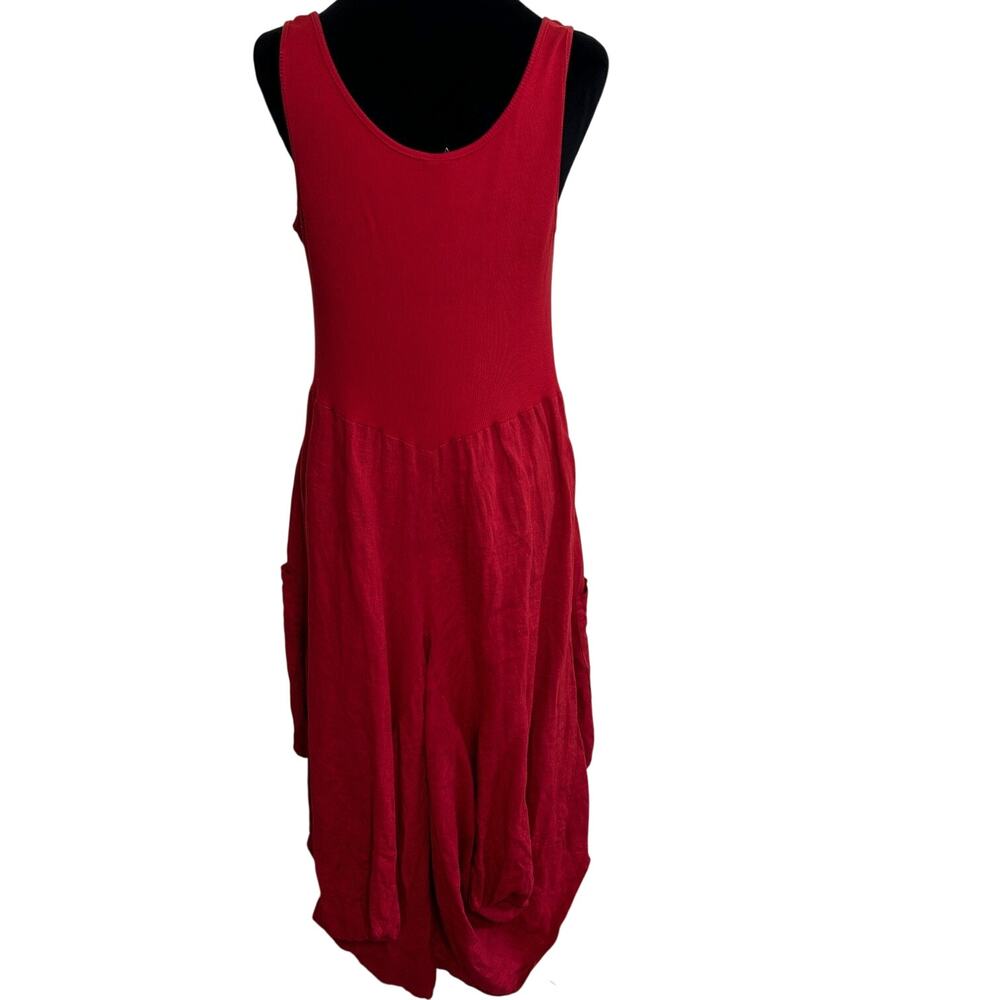 Inizio Magic Linen Dress XL Red Bubble Hem Lagenlook Sleeveless Italy Pockets - Picture 4 of 10